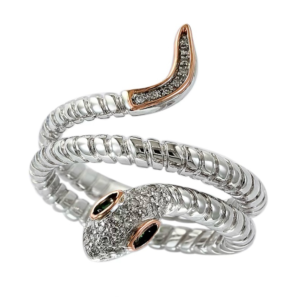 Silver and Rose Gold Snake Wrap Ring with Pavé Crystals